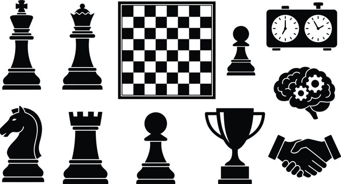 Chess game icons collection including board pieces clock brain and winning trophy symbols.