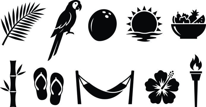 Set of black silhouettes of summer vacation and tropical travel themed icons.