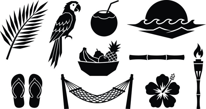 Tropical island vacation icons collection with parrot palm leaf hammock and beach themes.