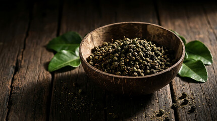 Wild Andaliman Peppercorns in Coconut Shell Bowl Moody Photo © Everyday Pixels