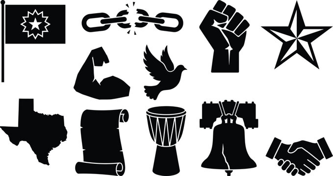 Juneteenth holiday vector black silhouettes and symbols, freedom celebration in United States.