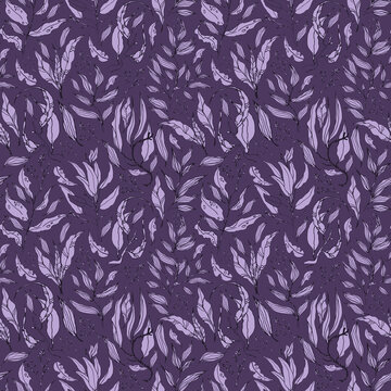 Hand drawn lavender floral pattern with leaves and branch. line art purple background. spring botanical greenery illustration. For fabric, wallpaper, wrapping decor print