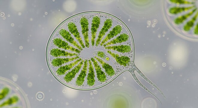 Microscopic View of Volvox Algae Colony with Chloroplasts.