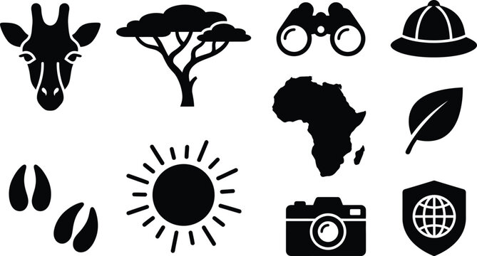 Set of safari themed icons featuring wild animals and travel equipment for adventure tours.