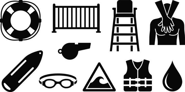 Lifeguard equipment and safety items for pool or beach rescue operations.