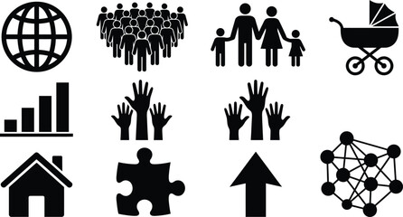 Fototapeta premium Public service and social development icons showing community support and family progress.