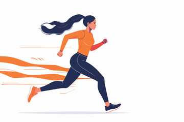 Obraz premium Woman in orange shirt and dark blue leggings running with motion lines