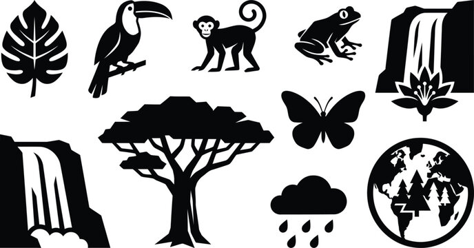 Jungle life collection, diverse set of wild animals and natural elements vector illustration.