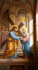 Obraz premium Traditional Christian Mural Showing Jesus Carrying Cross in Ornate Arched Church Interior