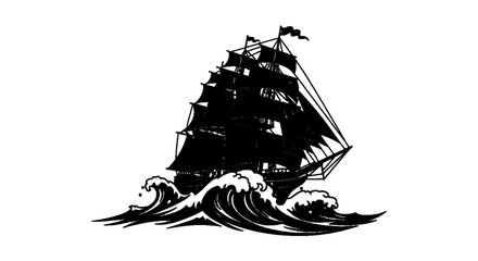 Minimal black silhouette icon, simple flat vector, bold black shape, no, no shading silhouette of a vintage sailing ship on rough sea waves on a, flat icon style © ouma