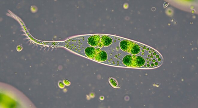 Microscopic view of Paramecium bursaria with green algae symbionts inside.