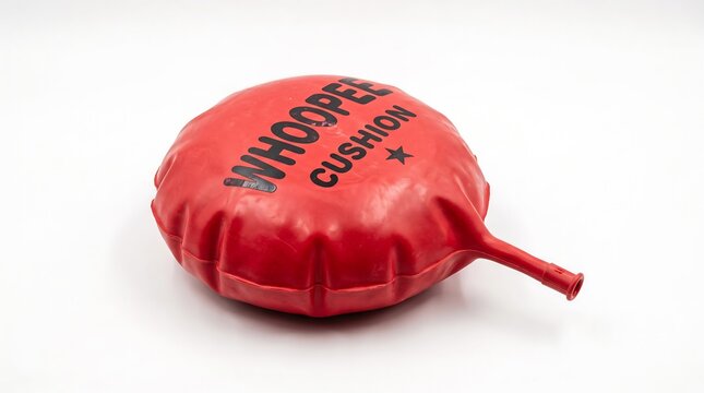 A red whoopee cushion on a white background for prank fun