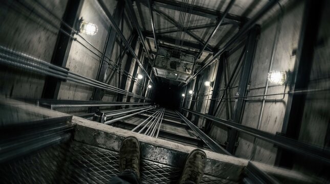Dramatic Perspective Of An Elevator Shaft Looking Downward From The Top