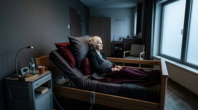 Elderly Woman Resting Patiently In A Nursing Home Room During The Daytime