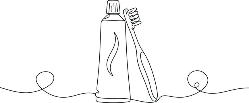 Continuous Line Drawing of Toothpaste Tube and Toothbrush for Dental Hygiene and Oral Care