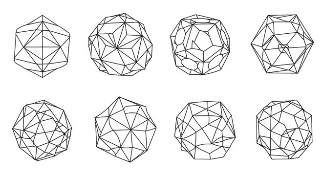 Set of abstract geometric shapes, low poly style design elements, black and white wireframe forms isolated on white.