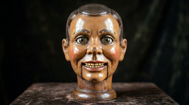 A creepy wooden ventriloquist dummy head with a wide grin