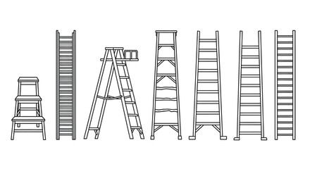 Different types of ladders collection including step ladders and straight ladders in simple black outline style design isolated on white background for house. © bske