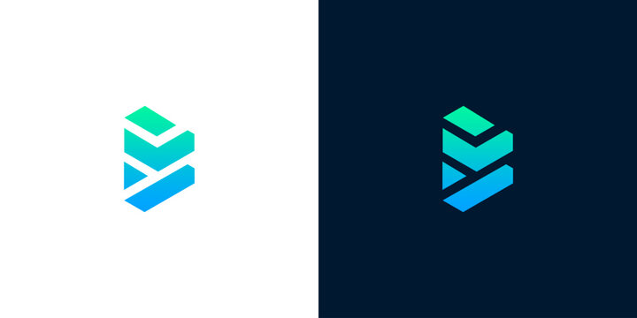 Dynamic abstract geometric letter B or stacked blocks logo design, featuring a vibrant blue-green gradient, ideal for modern technology, corporate branding, and innovative business identities