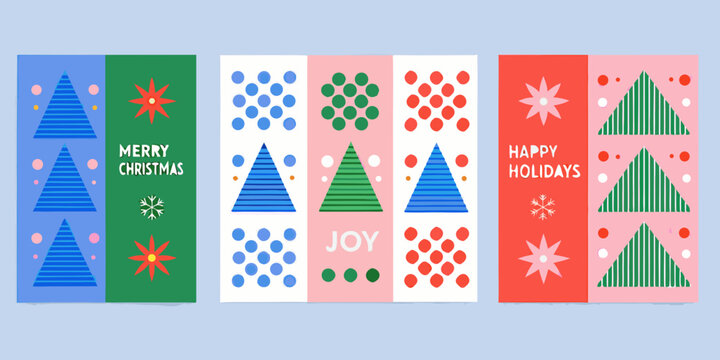Geometric christmas cards with festive patterns and holiday greetings