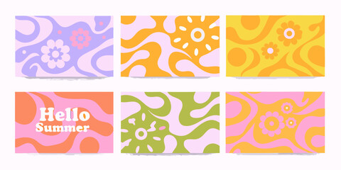 Obraz premium Retro floral and wave pattern vector illustrations pastel color scheme