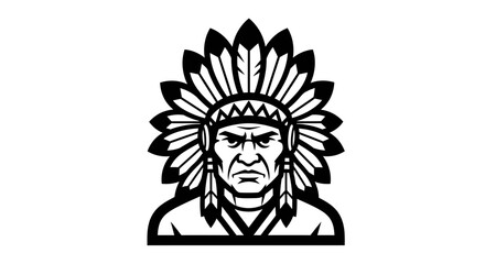 Obraz premium Native American Warrior Headwear Tribal Chief Illustration Black and White