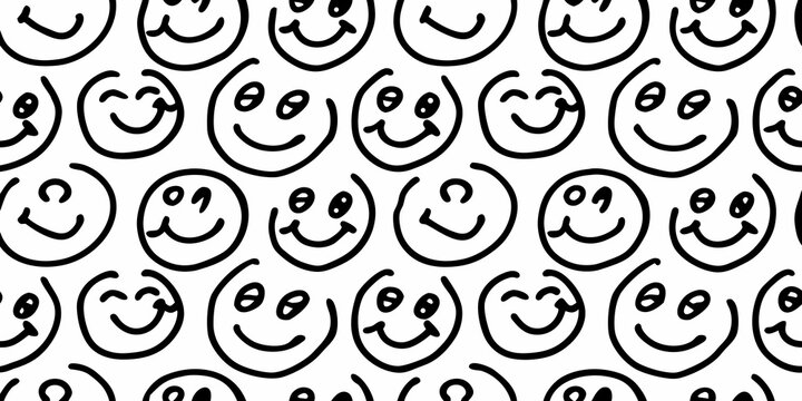 Seamless pattern of black line art smiley faces on white background