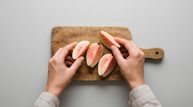 Hands arranging sliced guavas on a rustic wooden cutting board top view.