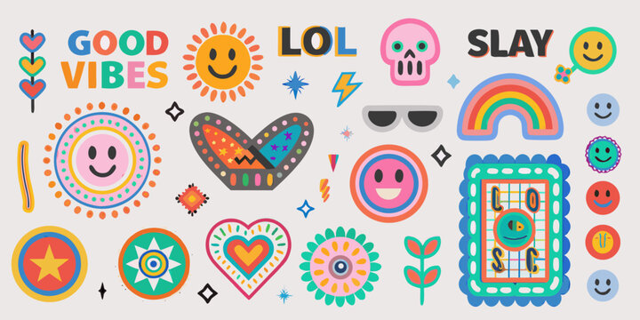 Nineties inspired retro pop sticker sheet with colorful graphic elements