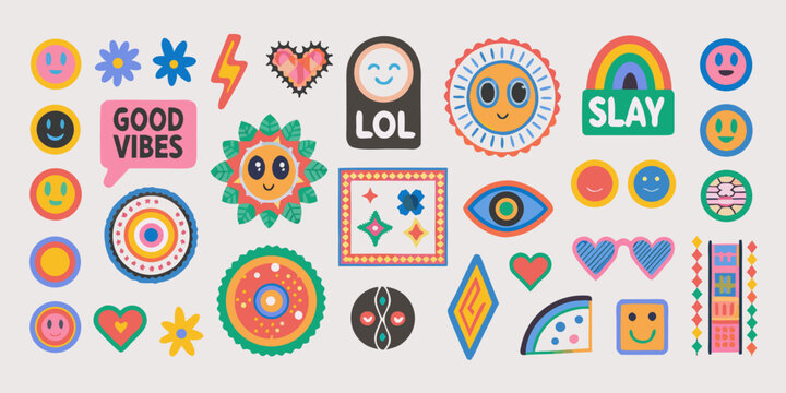 Nineties Retro Pop Aesthetic Vector Illustrations Sticker Sheet Design