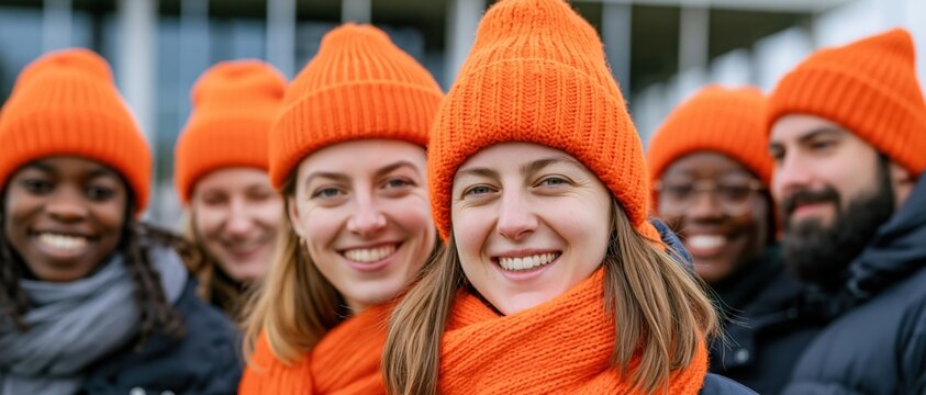 A smiling group of friends dressed in matching orange hats and scarves, embodying warmth and camaraderie during a chilly day in a modern outdoor setting.