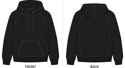 Black oversized raglan hoodie technical fashion sketch vector template showing front and back view with kangaroo pocket, drawstrings, and ribbed cuffs © JetandroNath