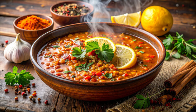 Hearty and Aromatic Red Lentil Soup with Fresh Lemon and Parsley, Steaming in a Rustic Bowl, Surrounded by Vibrant Spices on a Wooden Table