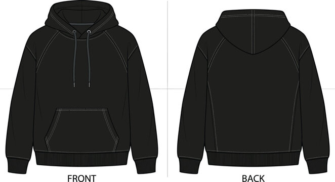 Black oversized raglan hoodie technical fashion sketch vector template showing front and back view with kangaroo pocket, drawstrings, and ribbed cuffs