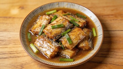 Fototapeta premium Homemade stewed fish with scallions, Taiwan cuisine, food photography top view.