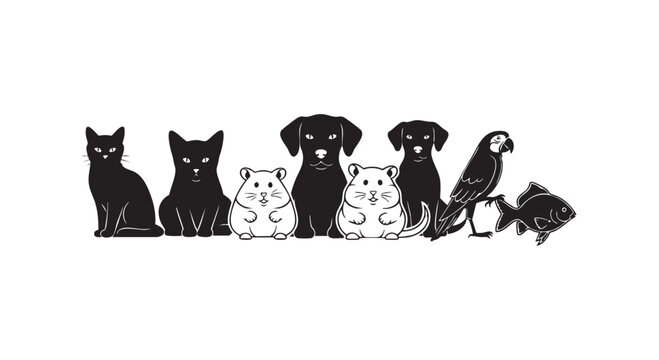 Group of pet animal silhouettes including cats, dogs, hamsters, parrot and fish on white background.
