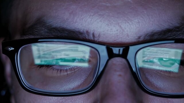 Close up slow motion montage of a programmer's face, code reflected in glasses, showcasing intense concentration during software development