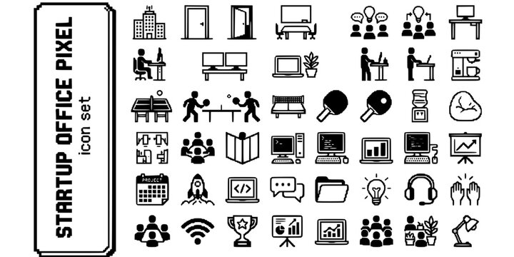 Startup Office Pixel Art Black White-Desk Ping Pong Open Plan Retro-Work Culture Vector-Office Icon Pixel-Startup Design Set