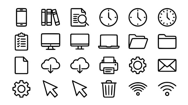 Office and technology outline icon set with smartphone documents cloud and WiFi symbols