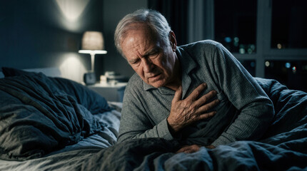 Obraz premium Elderly Man Experiencing Chest Pain And Distress While Resting In Bed