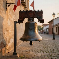 Obraz premium ancient bell on wooden frame metallic cobblestone
