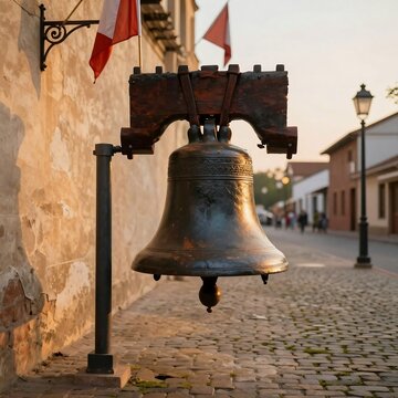 ancient bell on wooden frame metallic cobblestone