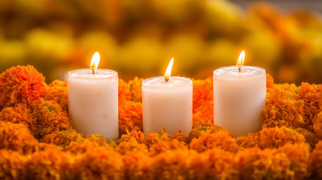 Hindu funeral remembrance ritual with three white candles surrounded by orange marigold flowers, warm spiritual memorial scene Hindu funeral, Hindu remembrance, funeral ritual, mem