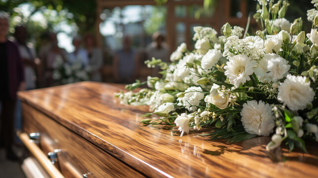 Wooden coffin with white funeral flowers during memorial ceremony, respectful farewell service, soft sunlight, blurred mourners, peaceful remembrance, sympathy, grief support and d