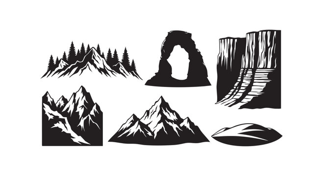 Mountain landscape collection including forest mountains, arch rock, mountain ranges, and canyon cliff side.