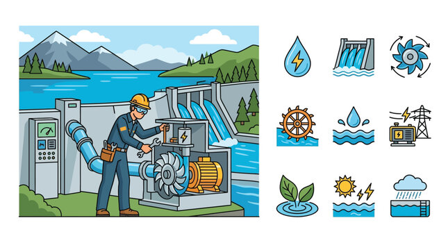 Illustration of a technician engineer repairing a water turbine at a hydroelectric power plant dam with a scenic mountain background and a set of renewable energy icons.