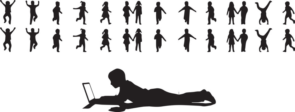 Children silhouettes set featuring kid using laptop computer and children playing jumping and running