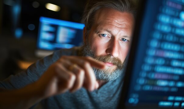 A bearded male programmer intently studies lines of code on a computer screen, reflecting a deep ethical debate in his mind
