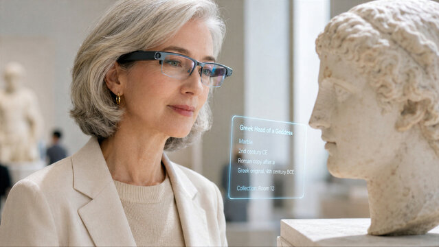 Woman wearing smart glasses interacting with augmented reality digital exhibit information in museum. Innovative museum guide technology, modern education tool, digital heritage concept.