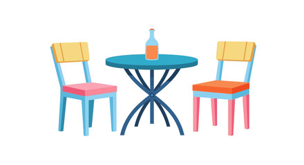 Fototapeta premium Colorful chairs and table with bottle, outdoor furniture, patio decor
